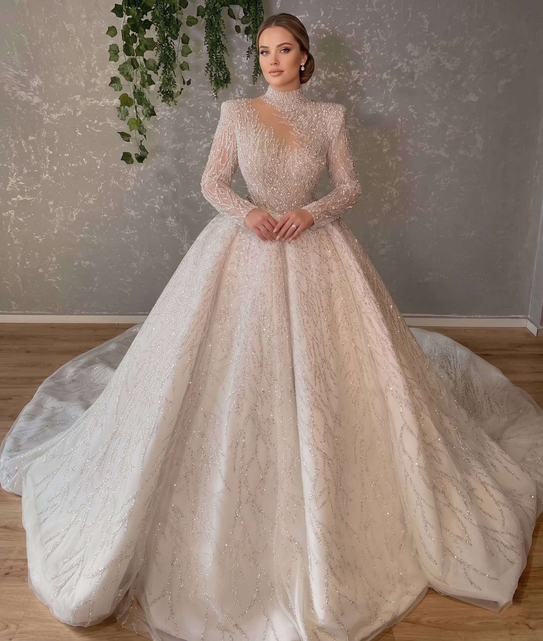 Detailed back view of the luxurious high-neck bridal gown, showcasing a sheer illusion lace back with elegant button details and an expansive, sweeping cathedral-length train.