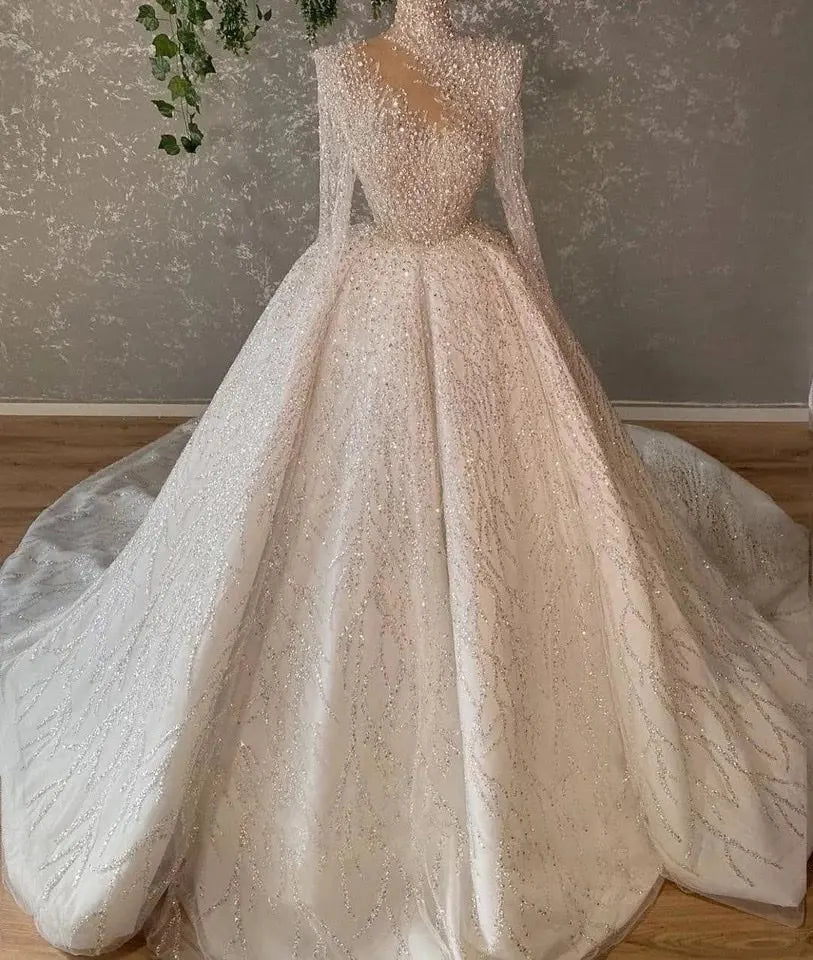 Close-up front portrait focusing on the sophisticated high-neck lace collar, glittering sequin patterns, and exquisite floral appliques on the sheer illusion sleeves and structured bodice.