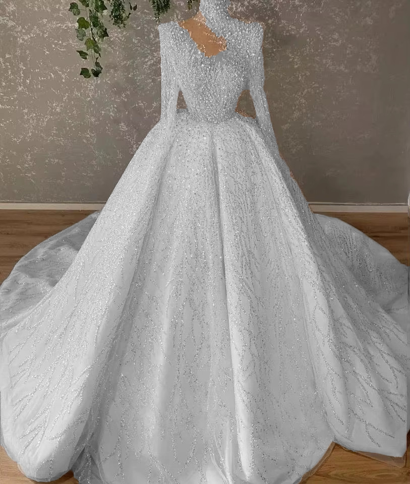 High-resolution full silhouette profile view of the luxurious high neck sequined wedding dress, accentuating its dramatic royal volume, clean A-line drape, and breathtaking sparkle.