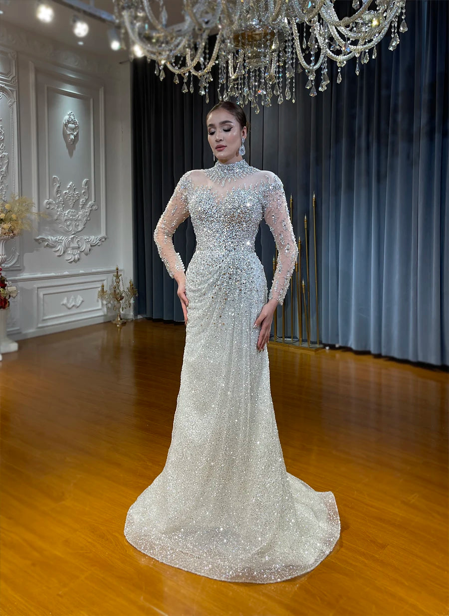 Front view of the elegant fitted column-style base dress without the overskirt, highlighting the high-fashion silhouette and total coverage of luxury silver beadwork.