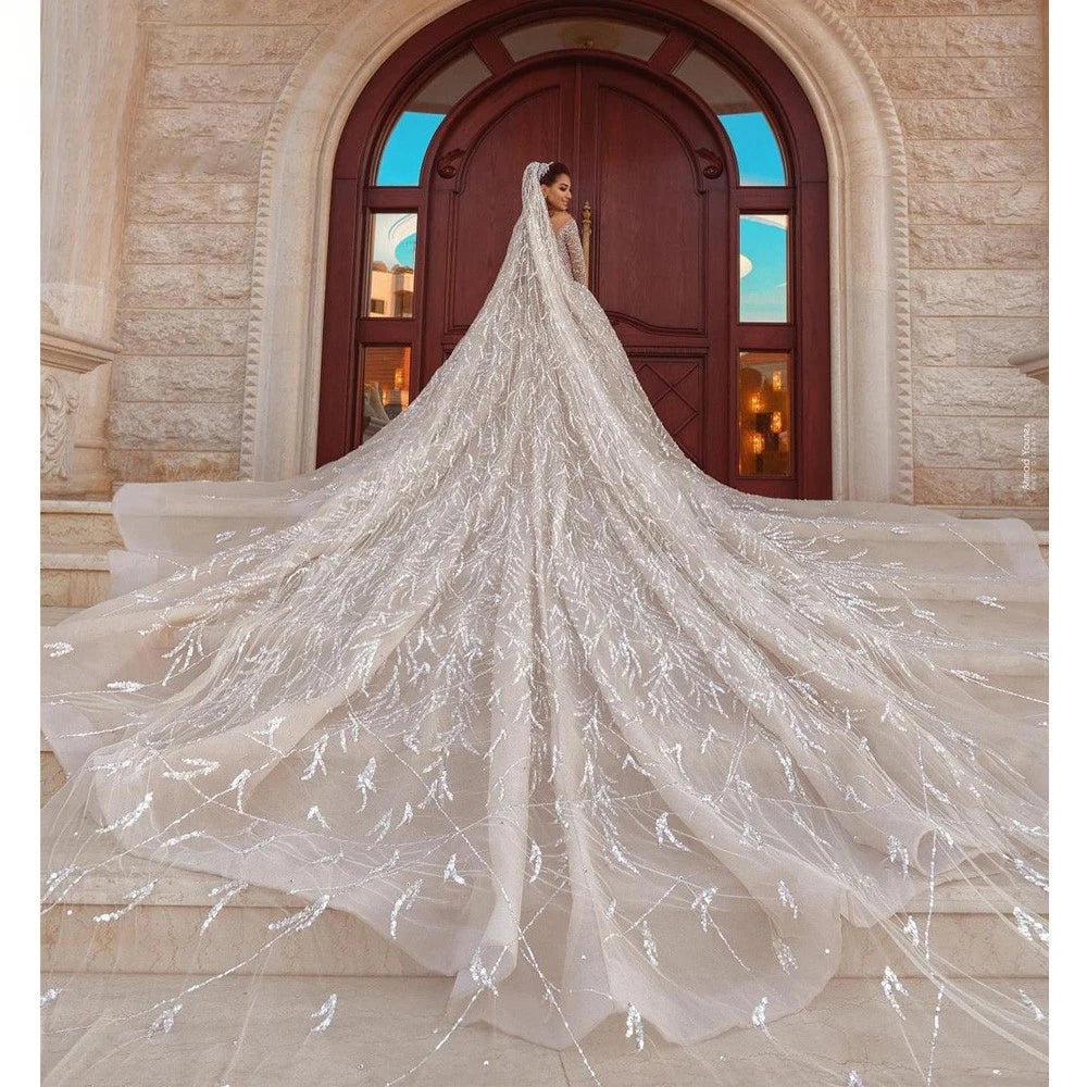 Elegant bride wearing a luxury glitter A-line wedding dress with a long train and intricate beaded appliques.