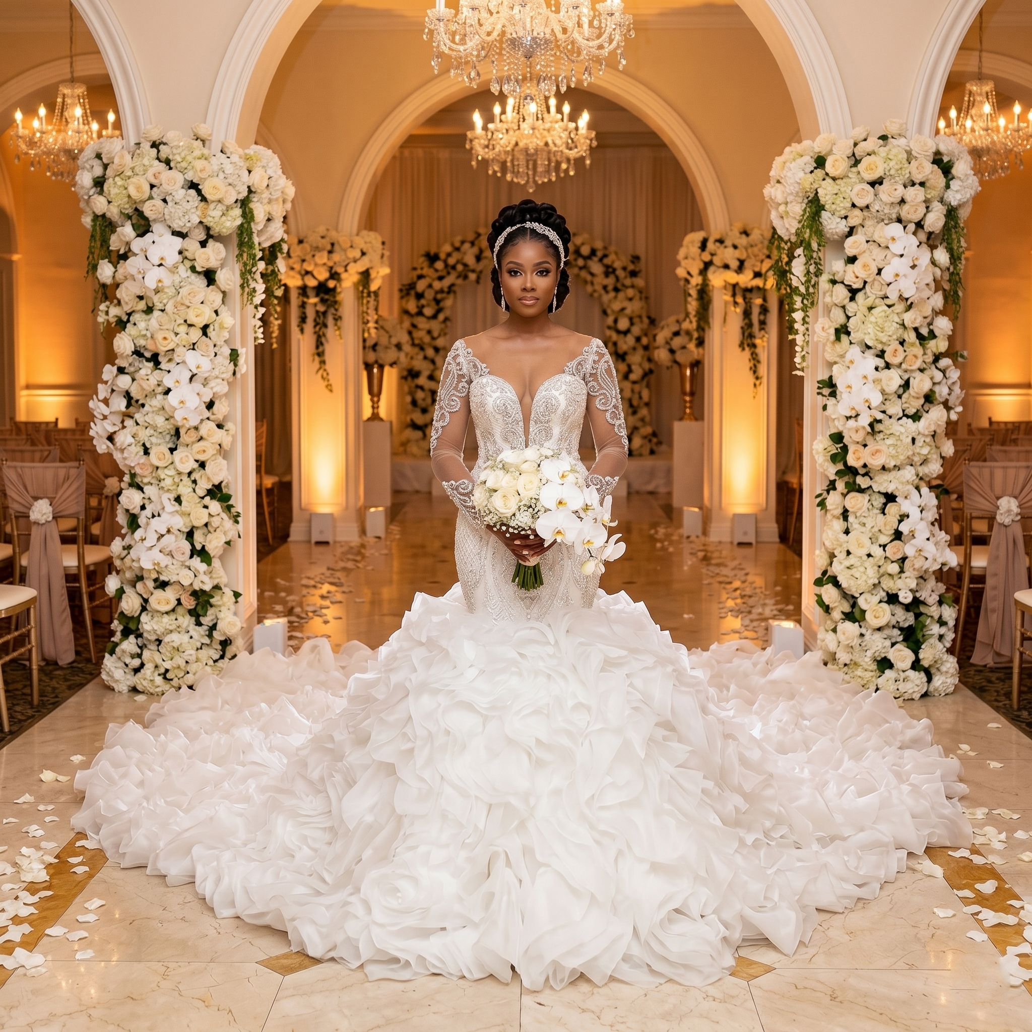 Full front view of a luxury African 2-in-1 mermaid wedding dress featuring long beaded sleeves, a high neck, and a majestic detachable ruffled overskirt on a mannequin.