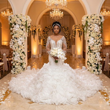 Full front view of a luxury African 2-in-1 mermaid wedding dress featuring long beaded sleeves, a high neck, and a majestic detachable ruffled overskirt on a mannequin.