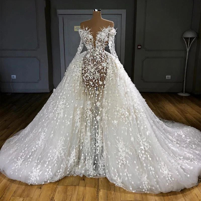 Luxury Arab Wedding Dress: Long Sleeve Shiny Gown with Train for Beach – Elsi John