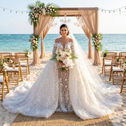 Luxury Arab wedding dress featuring an off-the-shoulder plunging sweetheart neckline, sheer long sleeves, and an open-front detachable cathedral overskirt train on a bride at a beach ceremony.