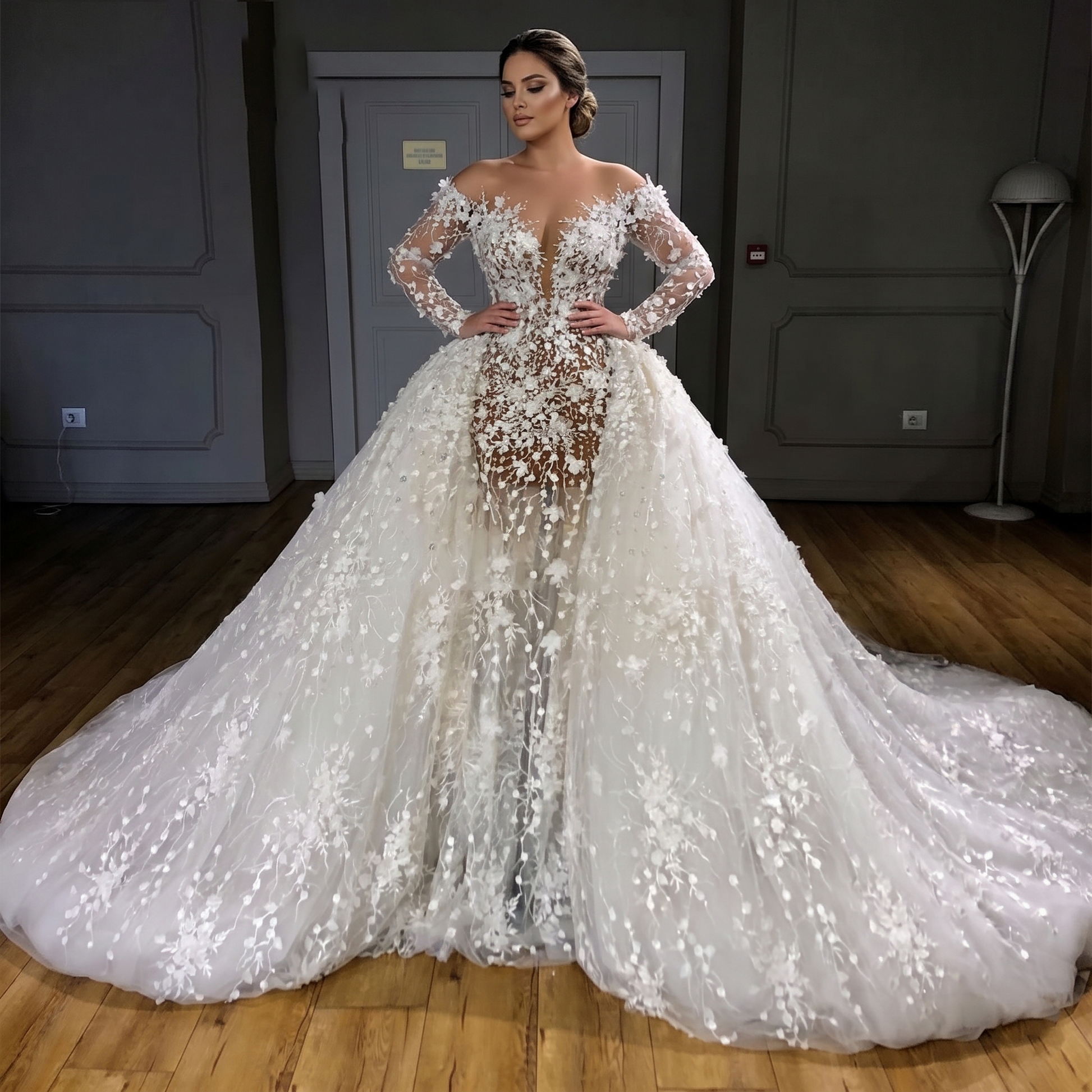 Luxury Arab Wedding Dress: Long Sleeve Shiny Gown with Train for Beach Elsi John Luxury Arab Wedding Dress: Long Sleeve Shiny Gown with Train for Beach Elsi John