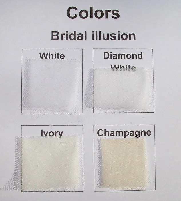 Fabric sample panels displaying the White, Diamond White, Ivory, and Champagne sheer bridal illusion tulle options for custom gown overlays.