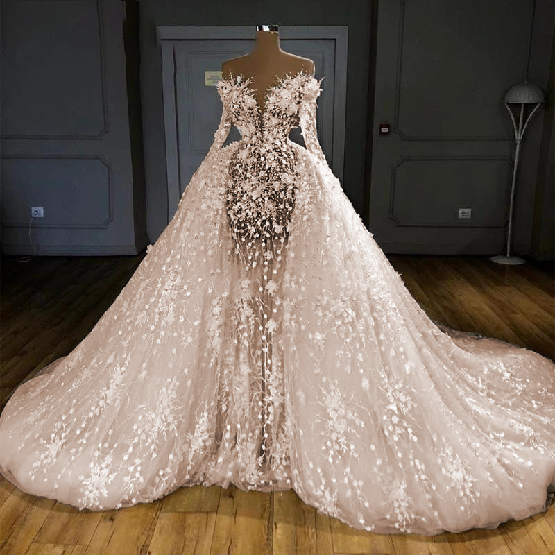 arabic wedding dress Luxury Arab Wedding Dress: Long Sleeve Shiny Gown with Train for Beach – Elsi John