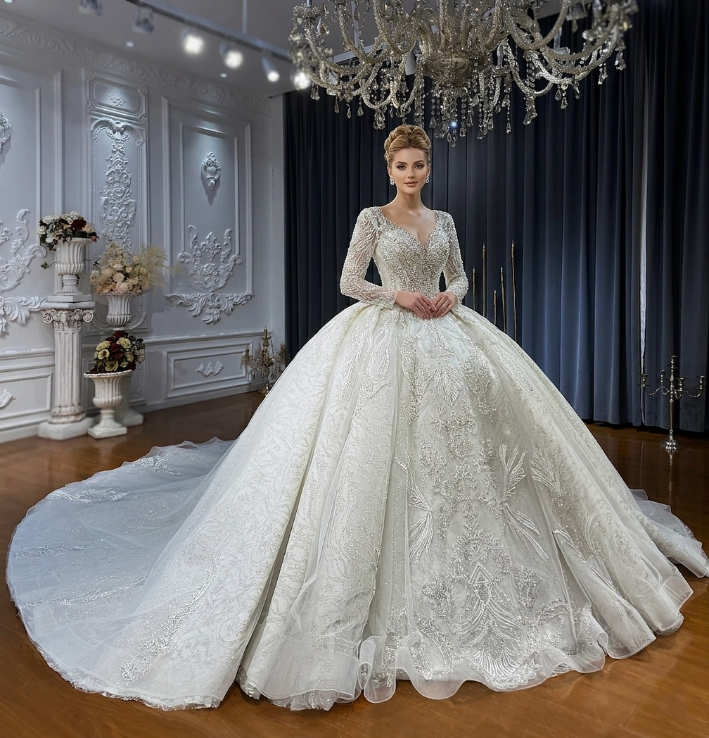 Full-length front view of an elegant model wearing a luxury ball gown wedding dress with long sleeves and a detachable long train, featuring heavy silver crystal beading and a voluminous skirt in a grand showroom.