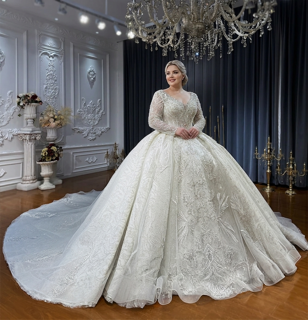 Full-length front view of an elegant model wearing a luxury ball gown wedding dress with long sleeves and a detachable long train, featuring heavy silver crystal beading and a voluminous skirt in a grand showroom.