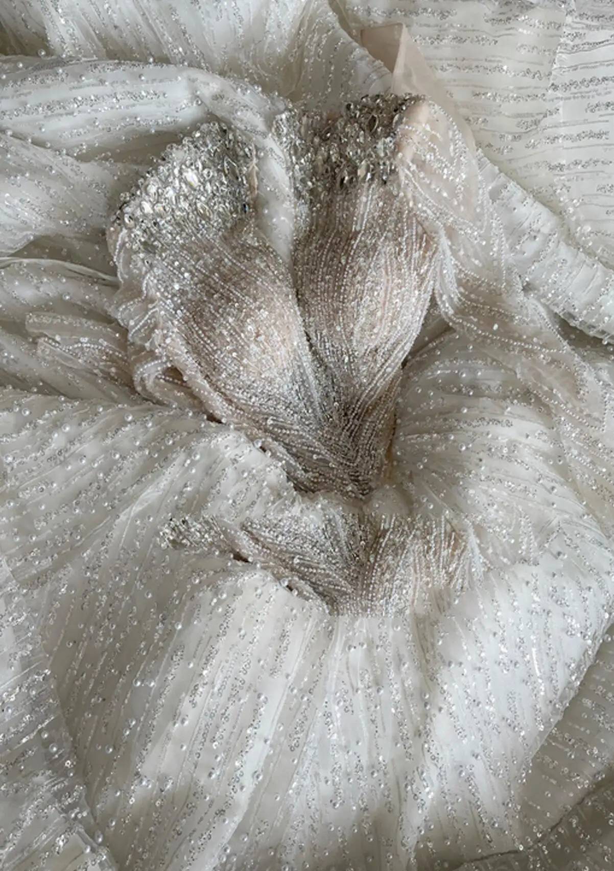 Back view of a luxury wedding dress showcasing an elegant lace-up corset back and an expansive, shimmering cathedral-length train with ornate silver patterns.