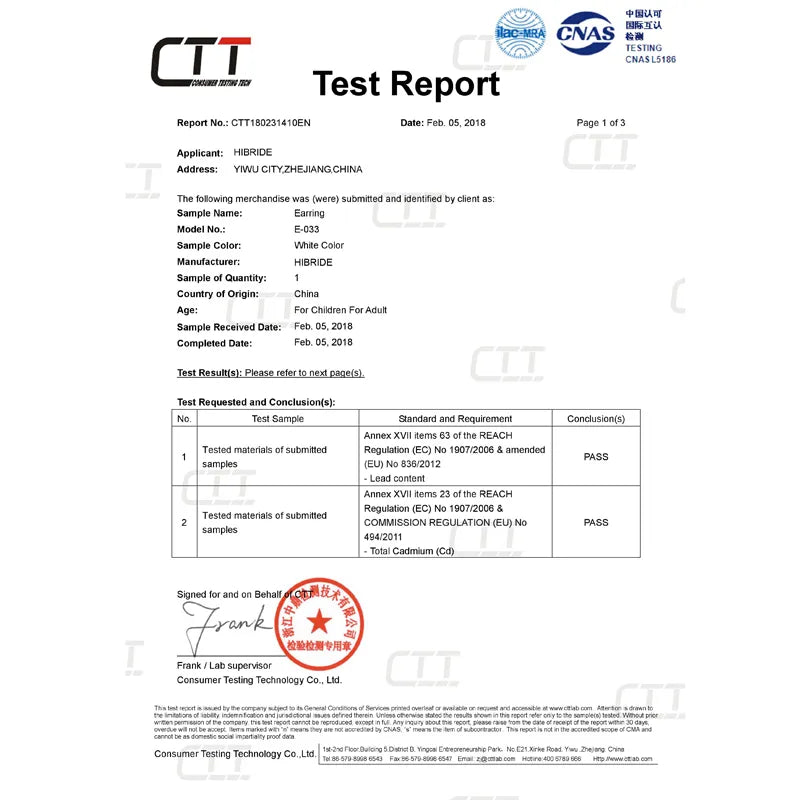 Official CTT safety compliance test report document verifying materials and lead or cadmium testing metrics for the luxury bridal jewelry line.