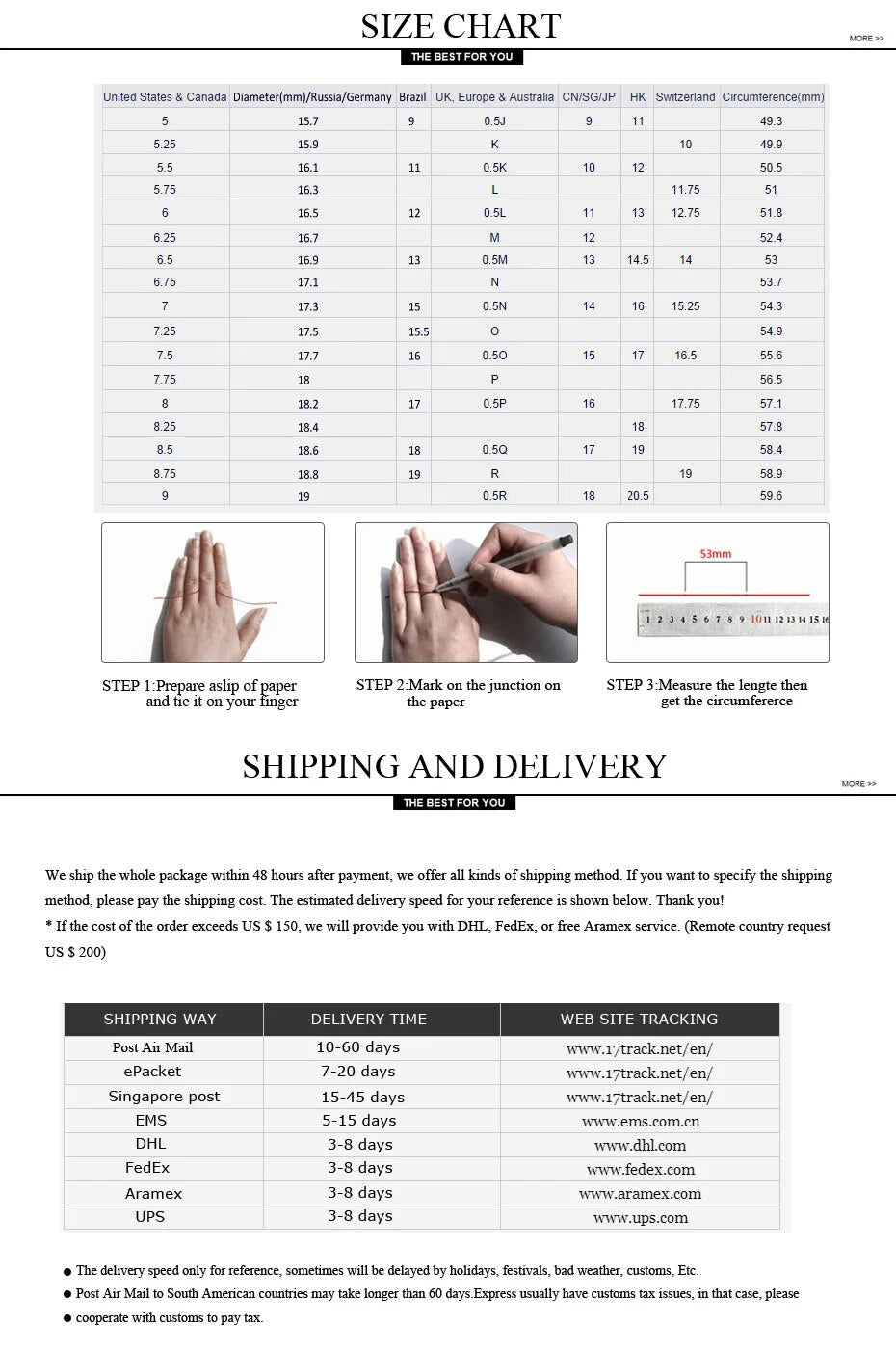 Comprehensive international ring size chart matrix detailing US, UK, and European sizing metrics alongside a 3-step home ring measurement guide and a shopping shipping information overview section.