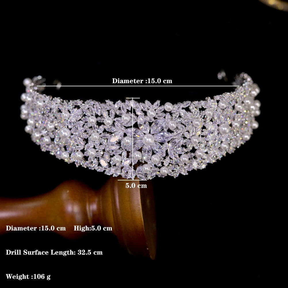 Technical measurement diagram for the wedding flower crown indicating a 15.0 cm band diameter, 5.0 cm peak height, 32.5 cm drill surface length, and 106 g product weight.