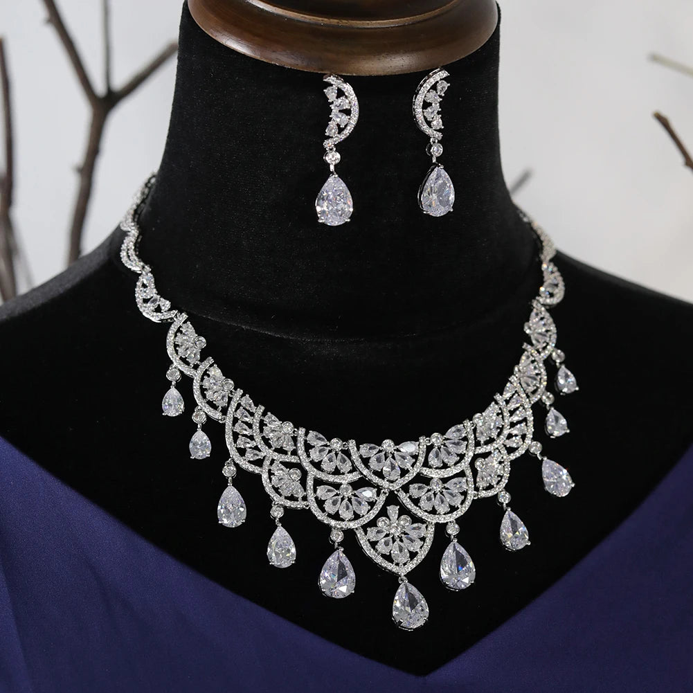 Full view of a glamorous cubic zirconia water drop wedding jewelry necklace and matching earrings set