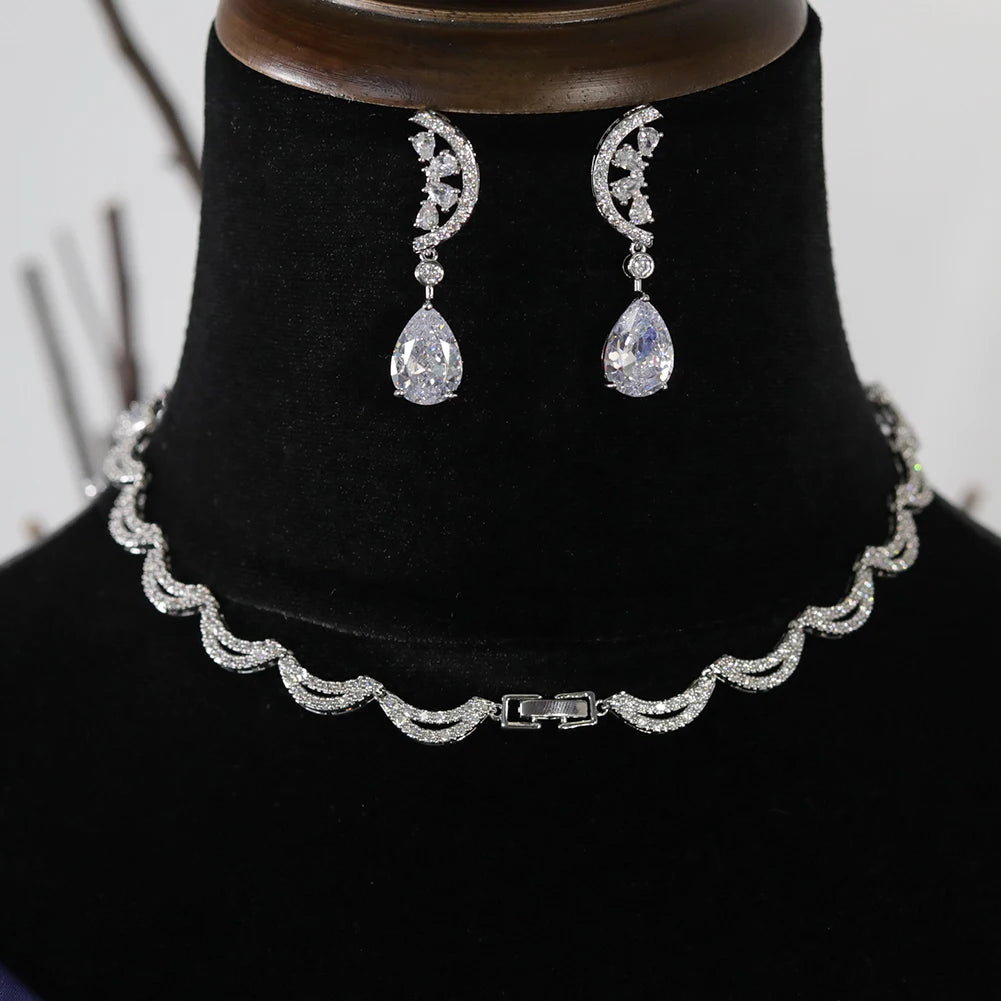 Rear detail of the secure clasp mechanism on a silver water drop bridal necklace with matching drop earrings