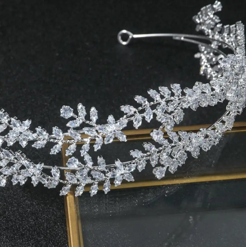 Elegant silver bridal hair vine with marquise-cut cubic zirconia leaf accents.