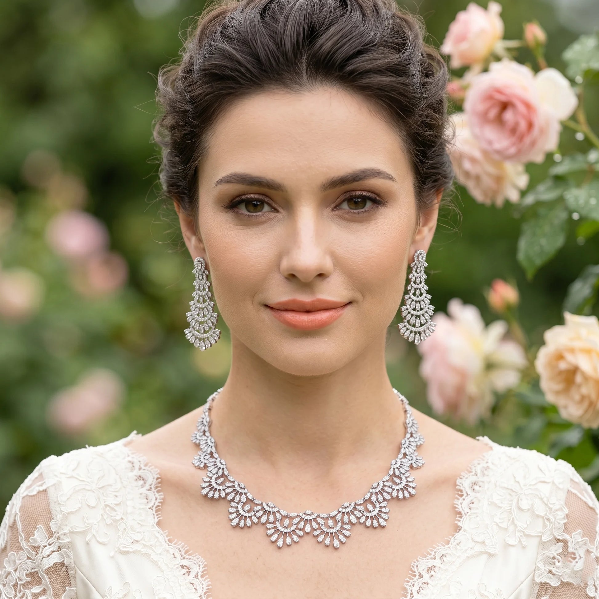 Model wearing a luxury cubic zirconia hollow necklace and matching dangle earrings for a bridal wedding look.