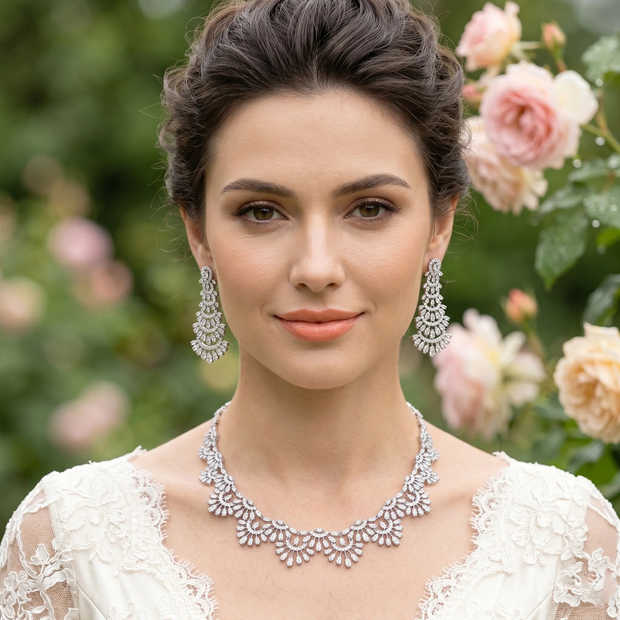 Model wearing a luxury cubic zirconia hollow necklace and matching dangle earrings for a bridal wedding look.