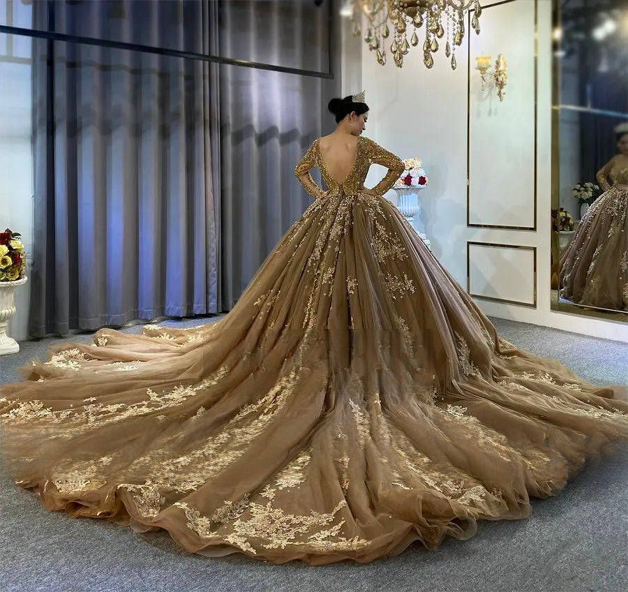 Back view of a champagne luxury wedding dress showcasing a deep V-back design and a grand cathedral-length train with gold lace appliques.