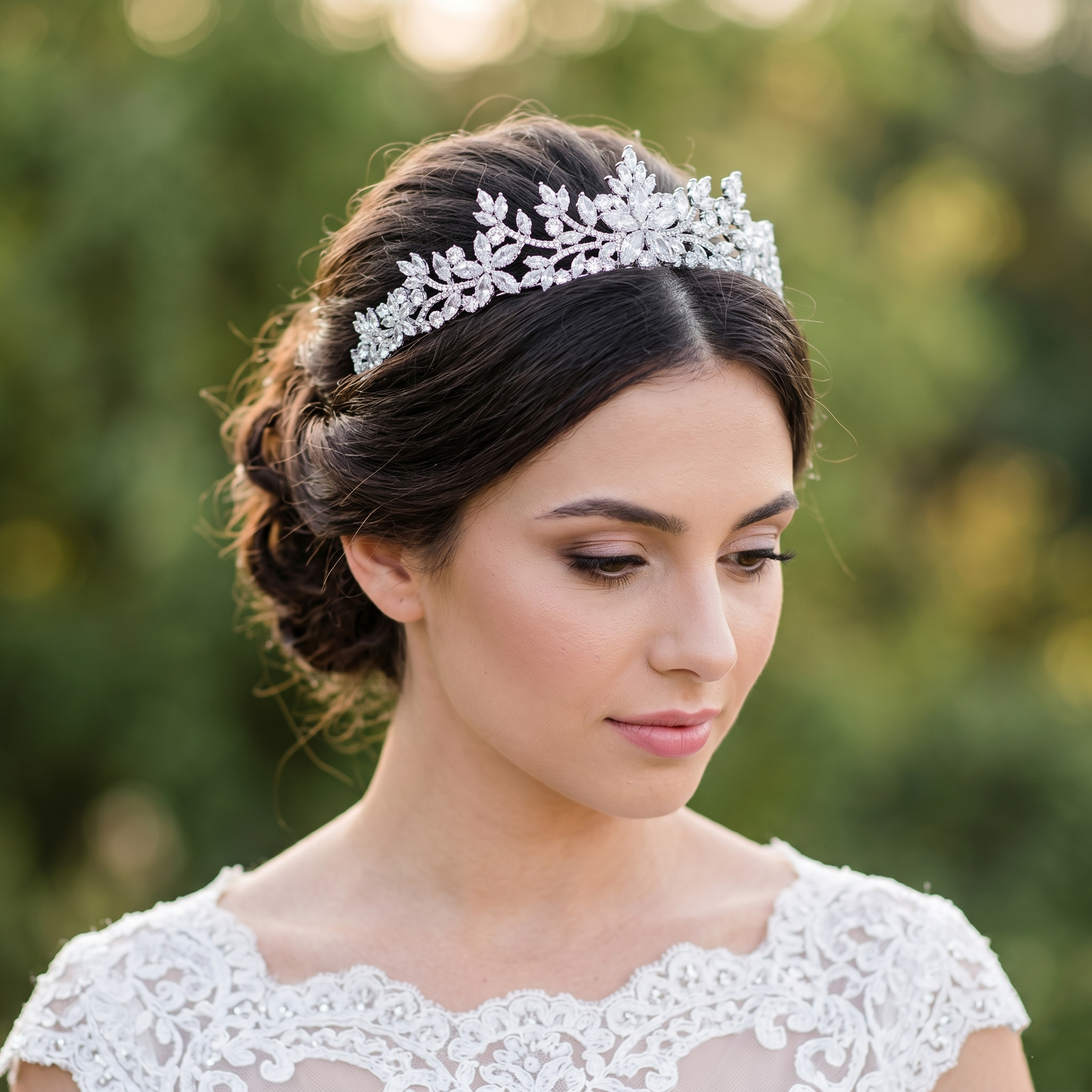 A bride wearing a luxury crystal bridal crown as a wedding hair accessory.