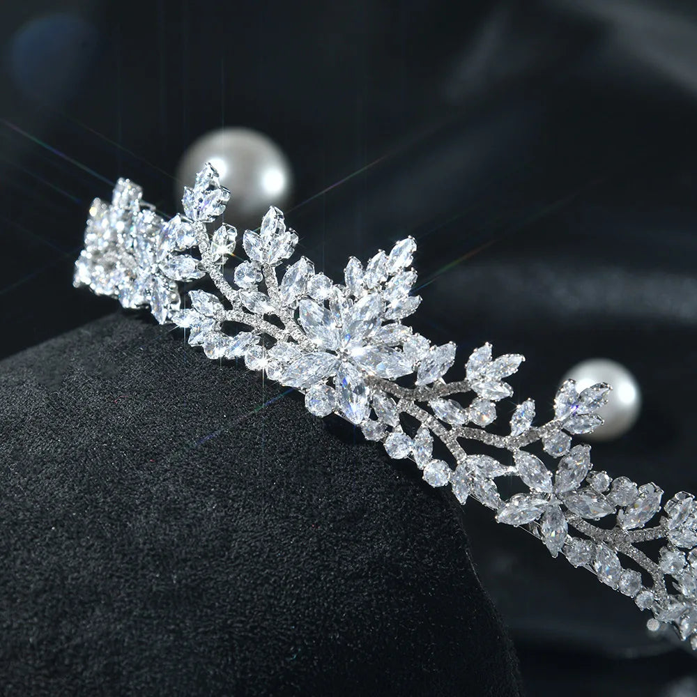 Macro view of the fine crystal detailing and craftsmanship on a bridal tiara.