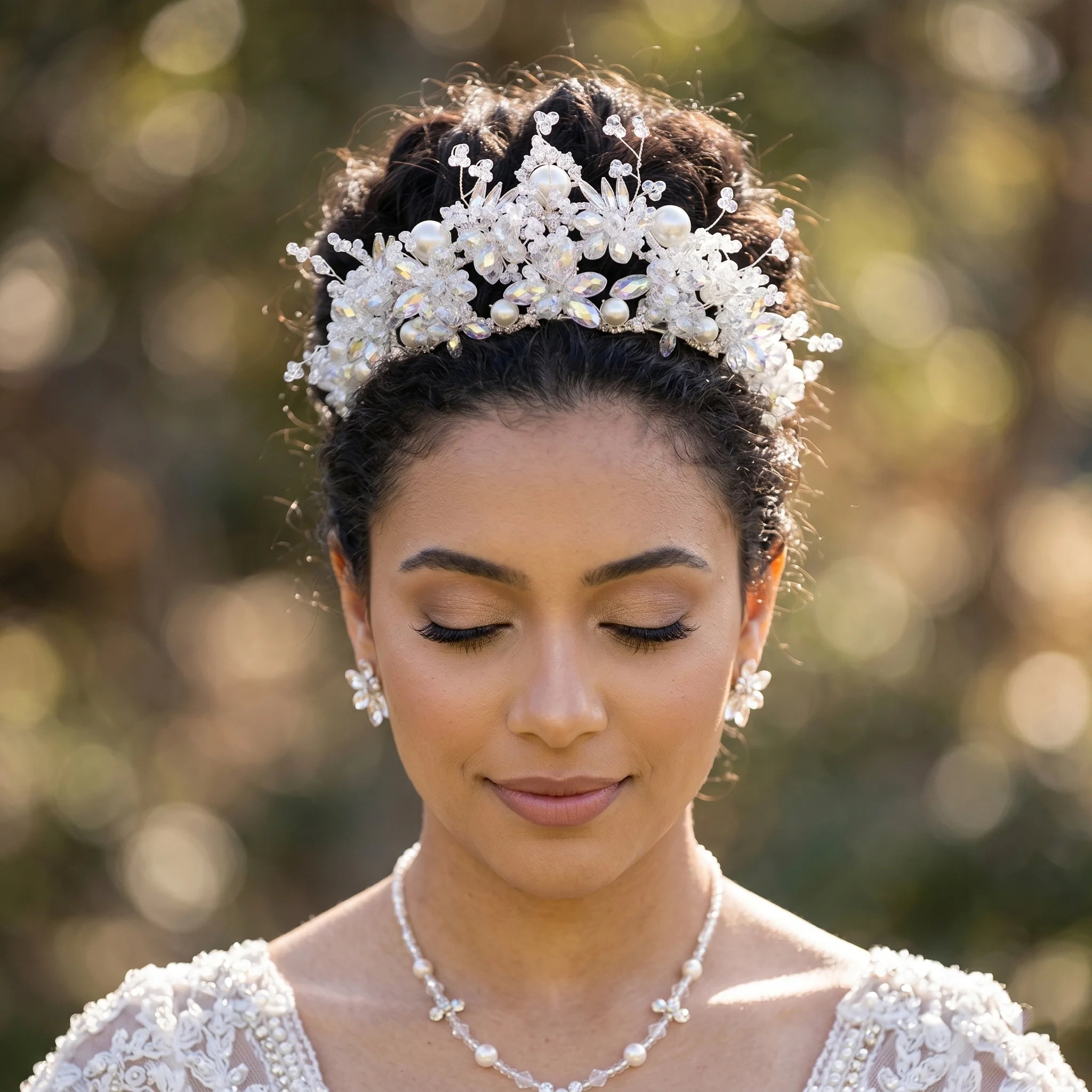 A bride with her eyes closed wearing a luxury crystal pearl bridal tiara and matching crystal statement jewelry.