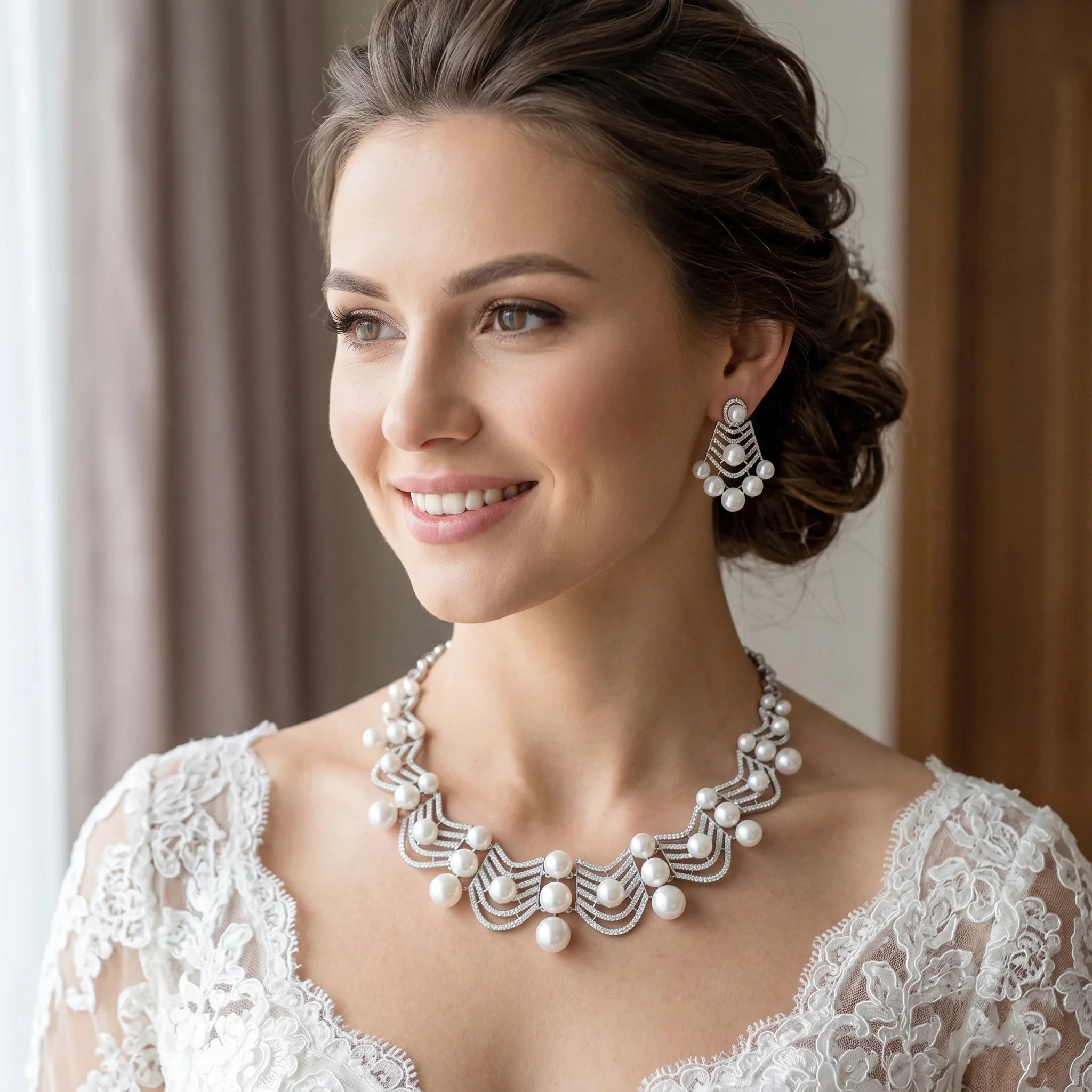 Model wearing a luxury cubic zirconia pearl necklace set with matching geometric drop earrings for a bridal wedding look.