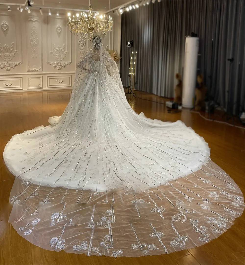 Back view of a luxury bridal ball gown on a mannequin, highlighting an elegant keyhole back design, lace-up corset closure, and a grand shimmering train.