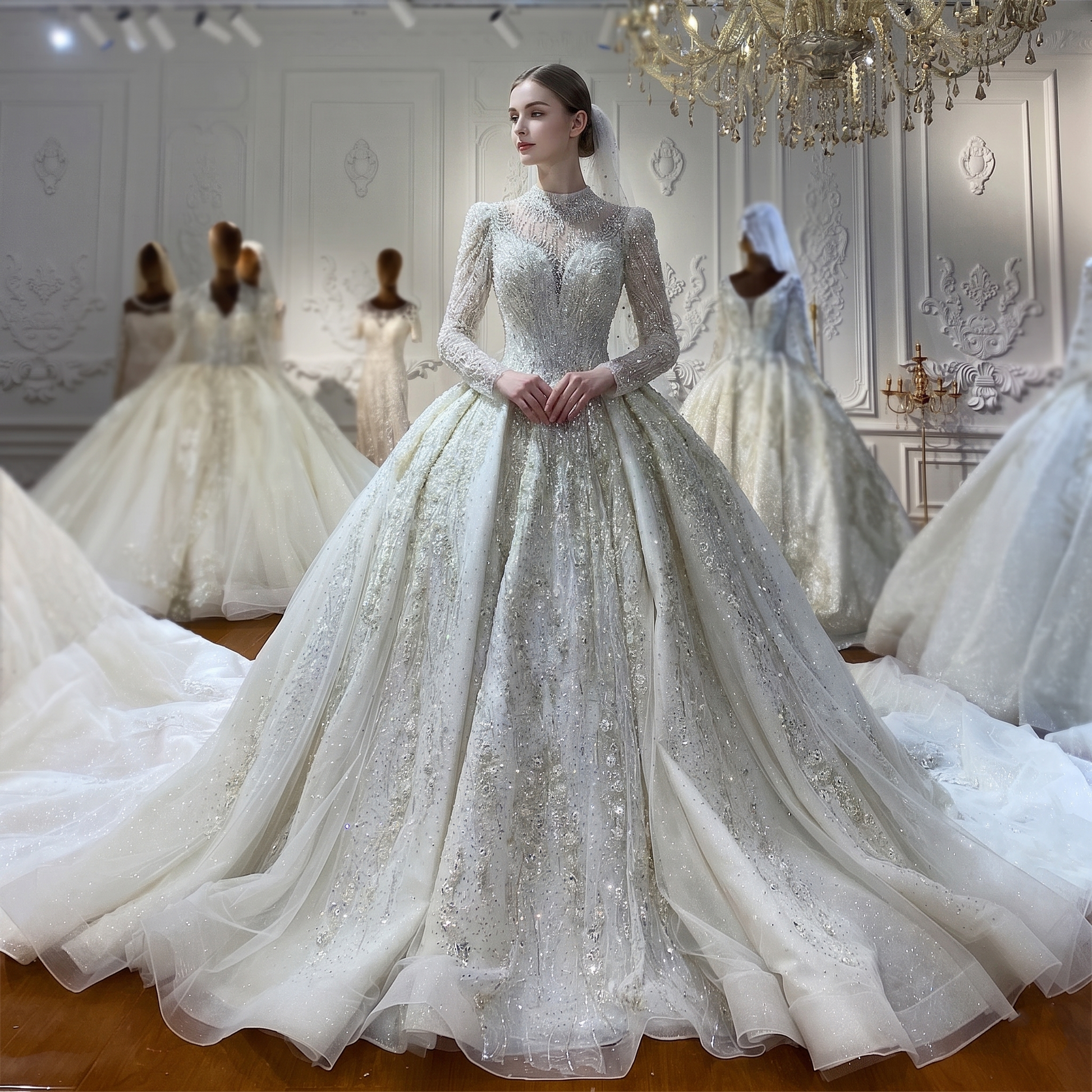 A model wearing a luxury Dubai style wedding dress with long sleeves and a high illusion neckline, featuring intricate real hand-beaded crystal detailing and a voluminous ball gown skirt.