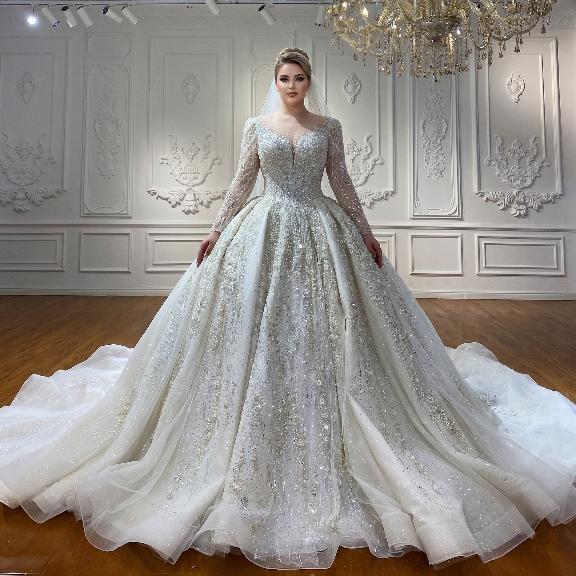 A plus-size model showcasing a premium Dubai style wedding gown with a shimmering crystal bodice, long sleeves, and an expansive cathedral-length train in a luxury bridal showroom.