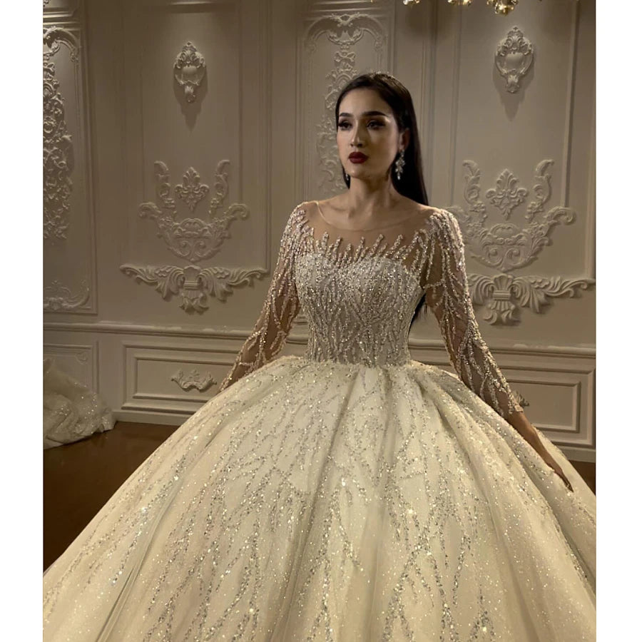 Luxury Floor-Length Ball Gown Wedding Dress with Long Sleeves and No Train