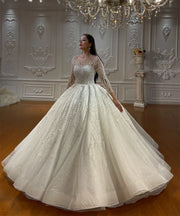 Luxury Floor-Length Ball Gown Wedding Dress with Long Sleeves and No Train