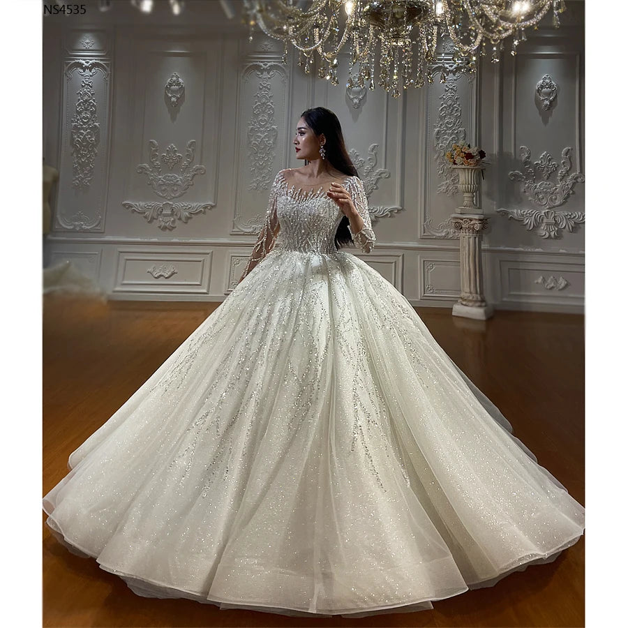 Luxury Floor-Length Ball Gown Wedding Dress with Long Sleeves and No Train