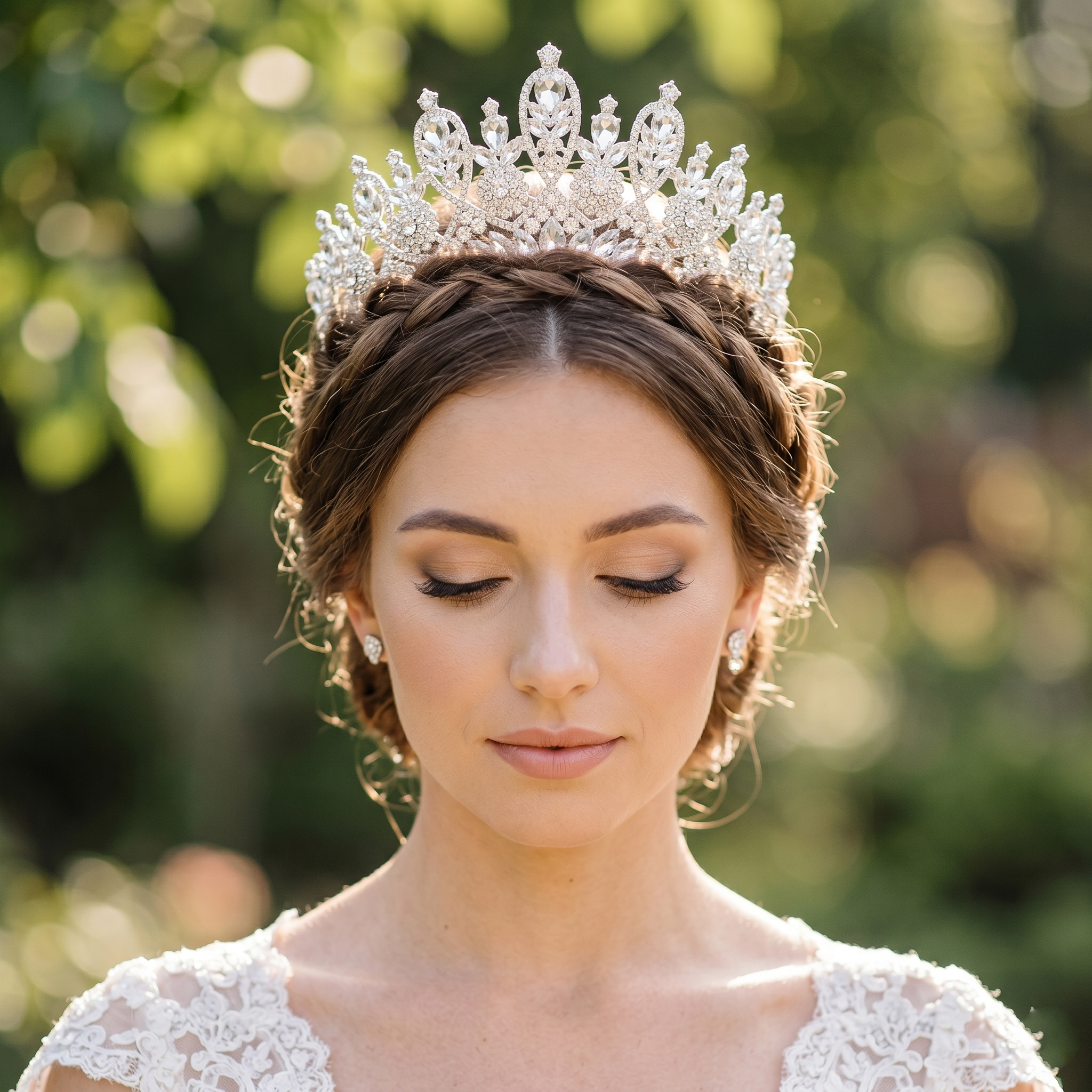 Bride wearing a luxury handmade crystal crown tiara for wedding or engagement ceremony.