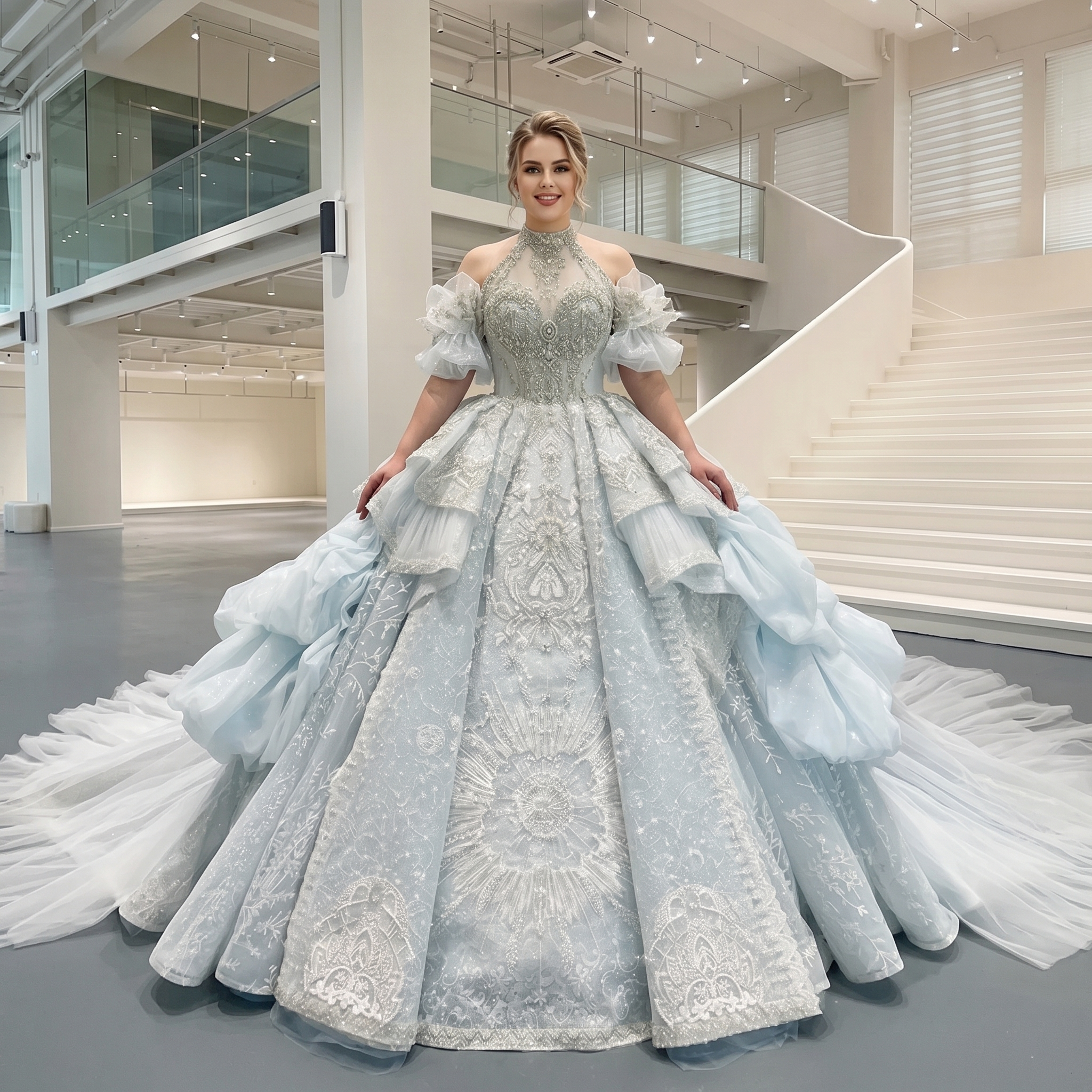 Model showcasing a regal high-neck halter bridal ball gown with intricate silver-beaded lace appliques and a structured princess skirt.