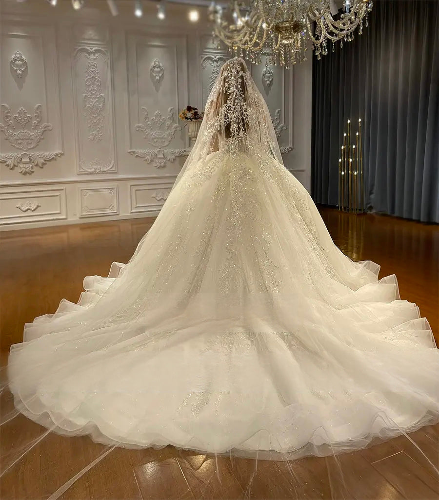 Full rear perspective of a regal ball gown wedding dress highlighting a majestic cathedral train and a long lace-edged bridal veil.