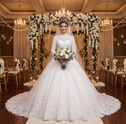 Full-length front view of a bride wearing a luxury long sleeve high-neck ball gown wedding dress with intricate lace appliqués, delicate beading, and a voluminous tiered tulle skirt for plus size women.