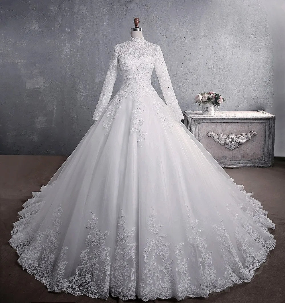 Front profile of the luxury high-neck lace bridal pantsuit dress alternative, rendered in a romantic soft blush pink color variation option for a modern fairytale look.