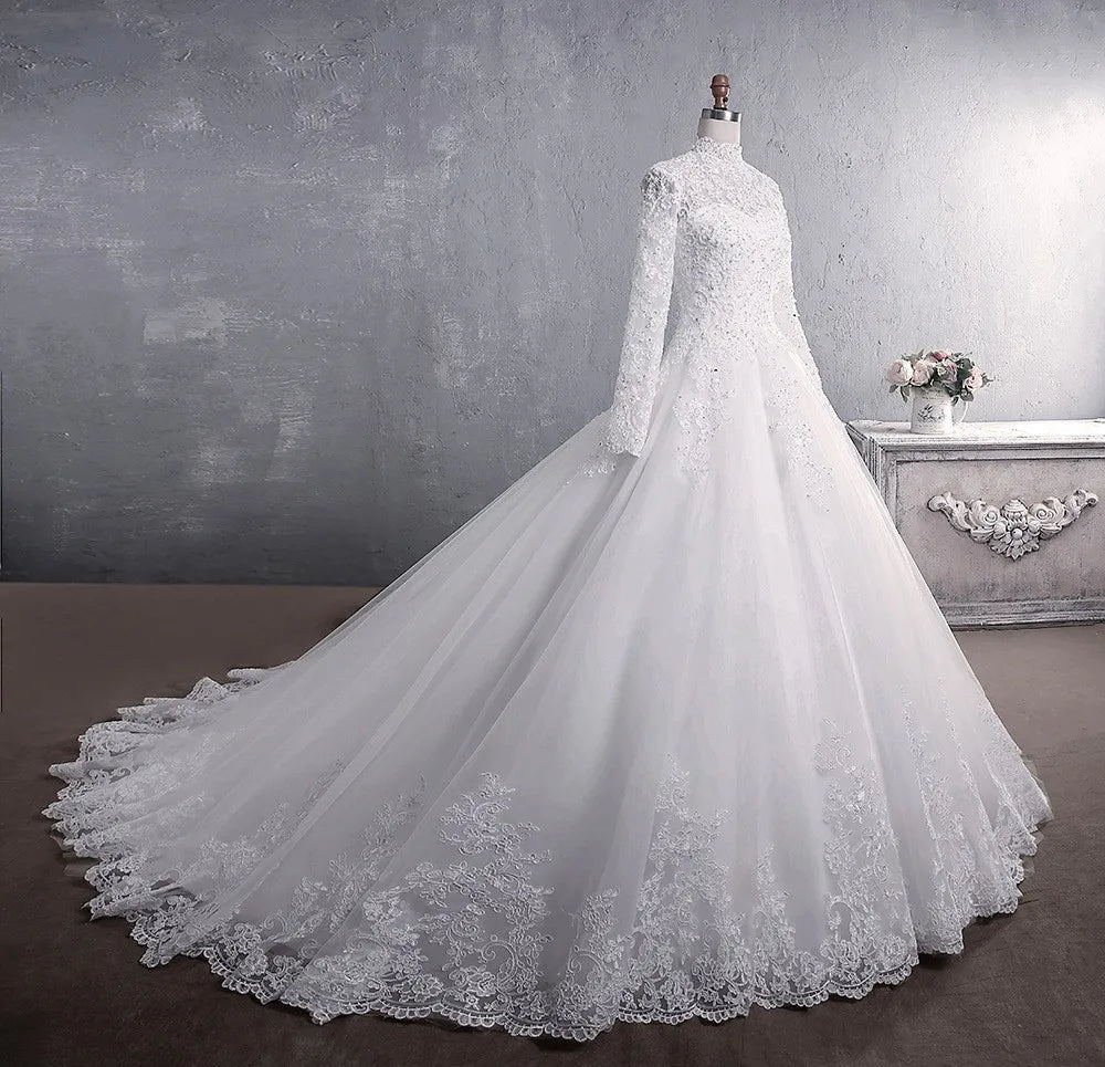 Complete full-length silhouette profile view of the luxury plus size high-neck long sleeve bridal ball gown with a zipper back, accentuating its dramatic royal volume and sweeping presentation.