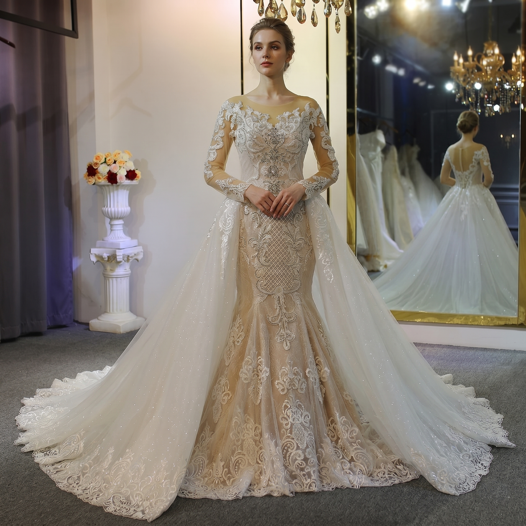 Elegant blonde model wearing a luxury champagne mermaid wedding dress with long illusion sleeves and a voluminous white detachable train in a bridal showroom.