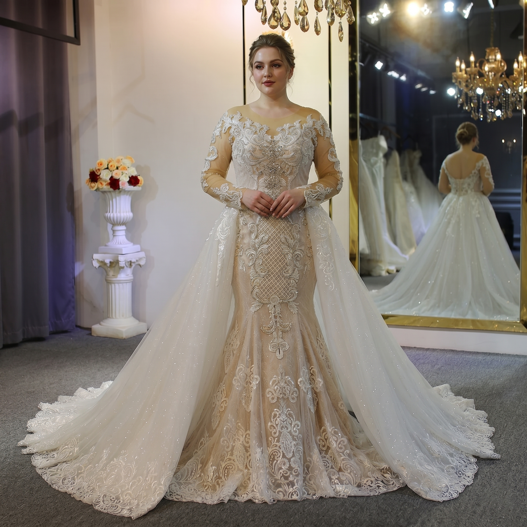 Plus-size bride showcasing a form-fitting mermaid bridal gown with intricate lace appliques, long sleeves, and a shimmering detachable cathedral train.