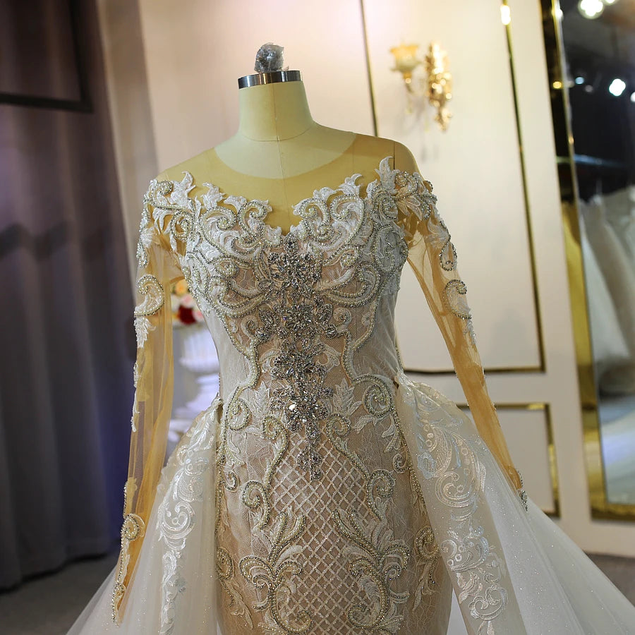 Luxury Mermaid Wedding Dress with Detachable Train and Long Sleeves