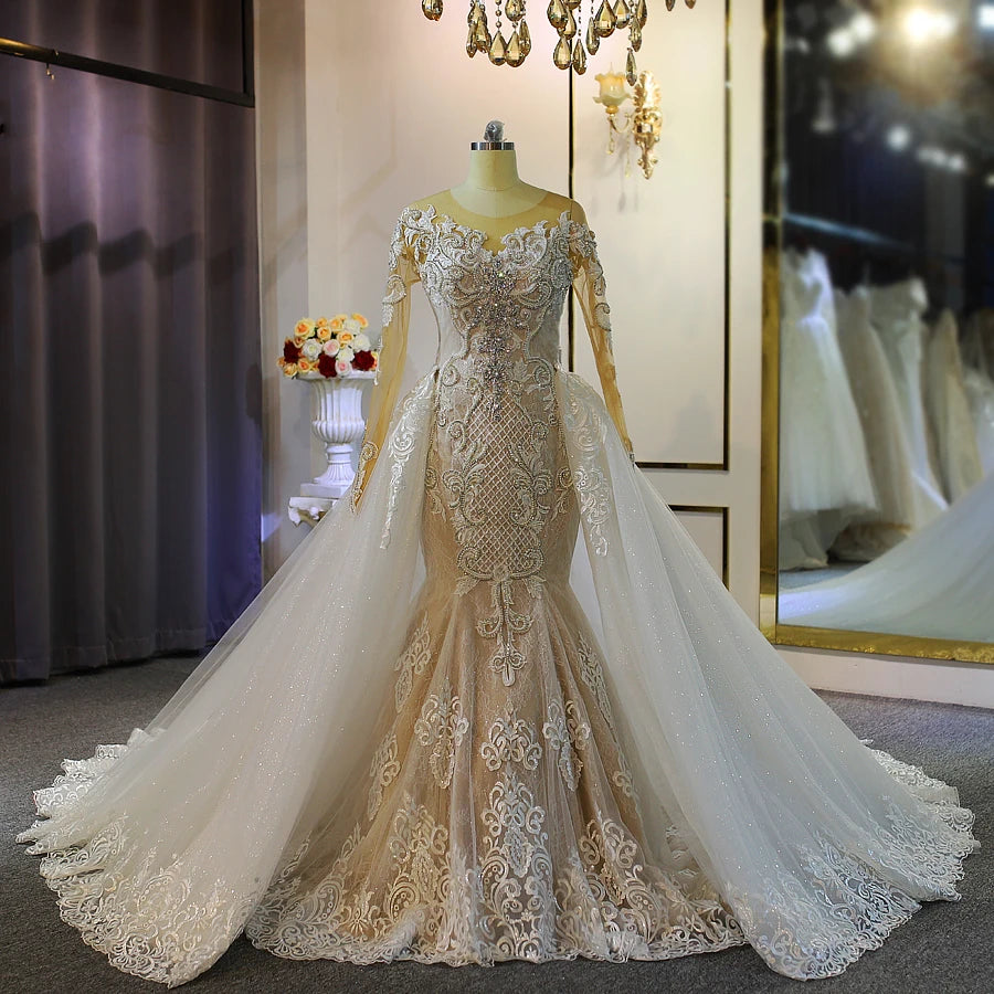 Luxury Mermaid Wedding Dress with Detachable Train and Long Sleeves