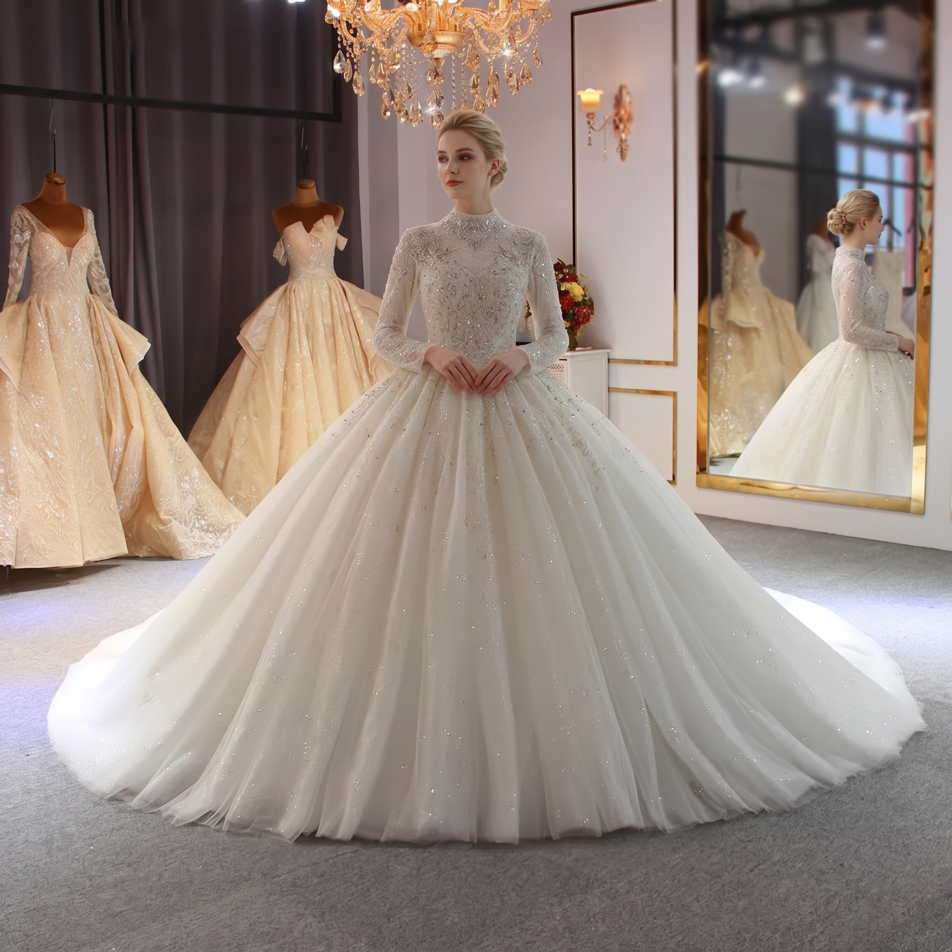 Model wearing a luxury Muslim wedding dress, a white long-sleeved modest bridal gown featuring intricate full beading and a voluminous sparkling ball gown skirt.