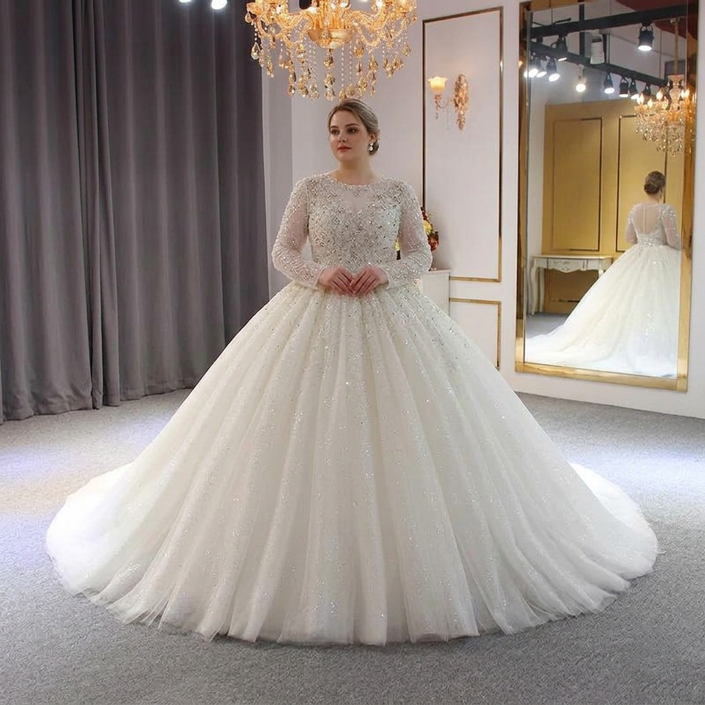 Full front view of a curvy bride showcasing a luxury Muslim wedding dress, featuring a modest full-cover design with elegant long sleeves, intricate full crystal beading, and a voluminous sparkling ball gown skirt in a bridal showroom.