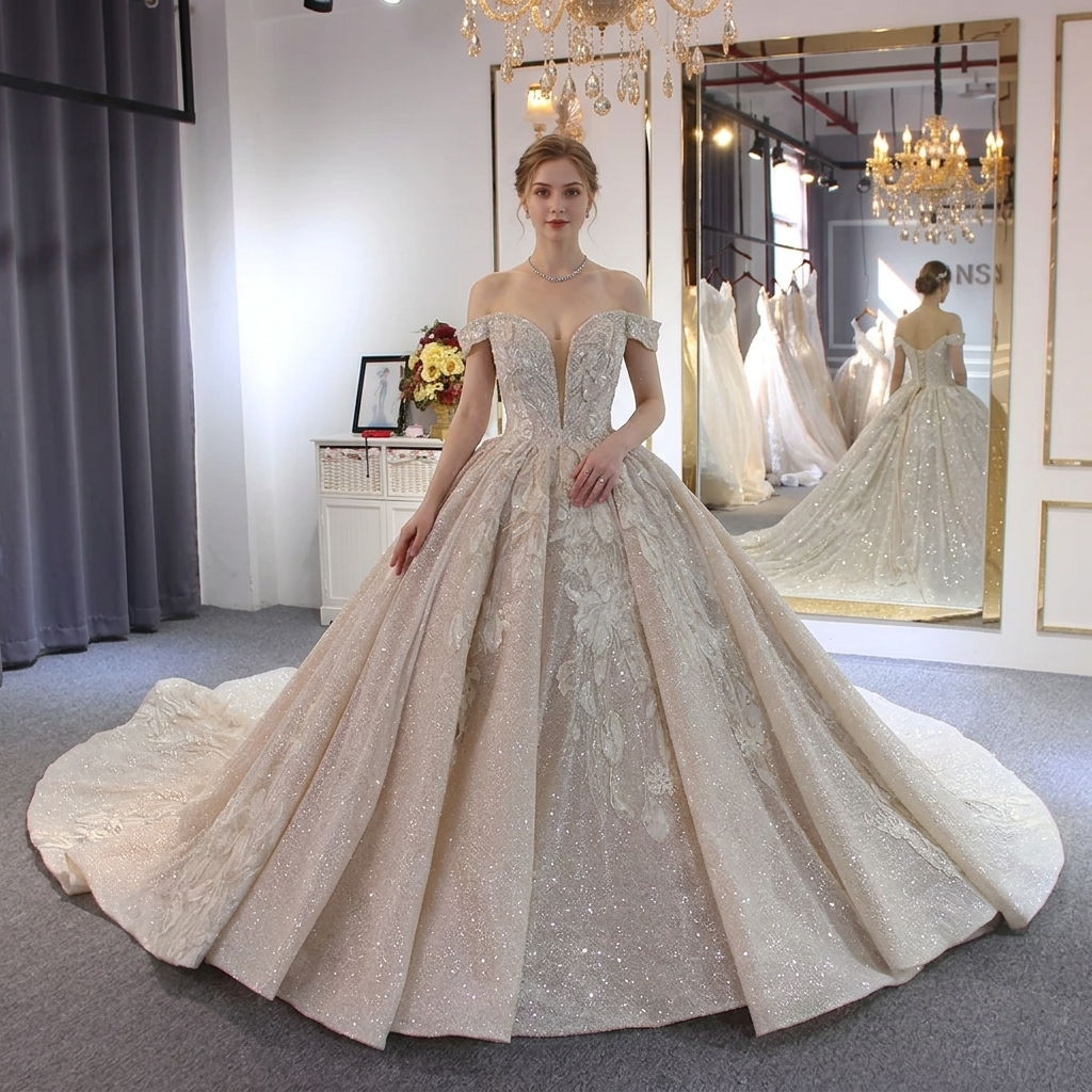 Full-length front view of an elegant bride wearing a luxury champagne off-shoulder ball gown wedding dress, featuring a plunging illusion V-neck, intricate beaded floral lace appliques, and a grand sparkling long train.