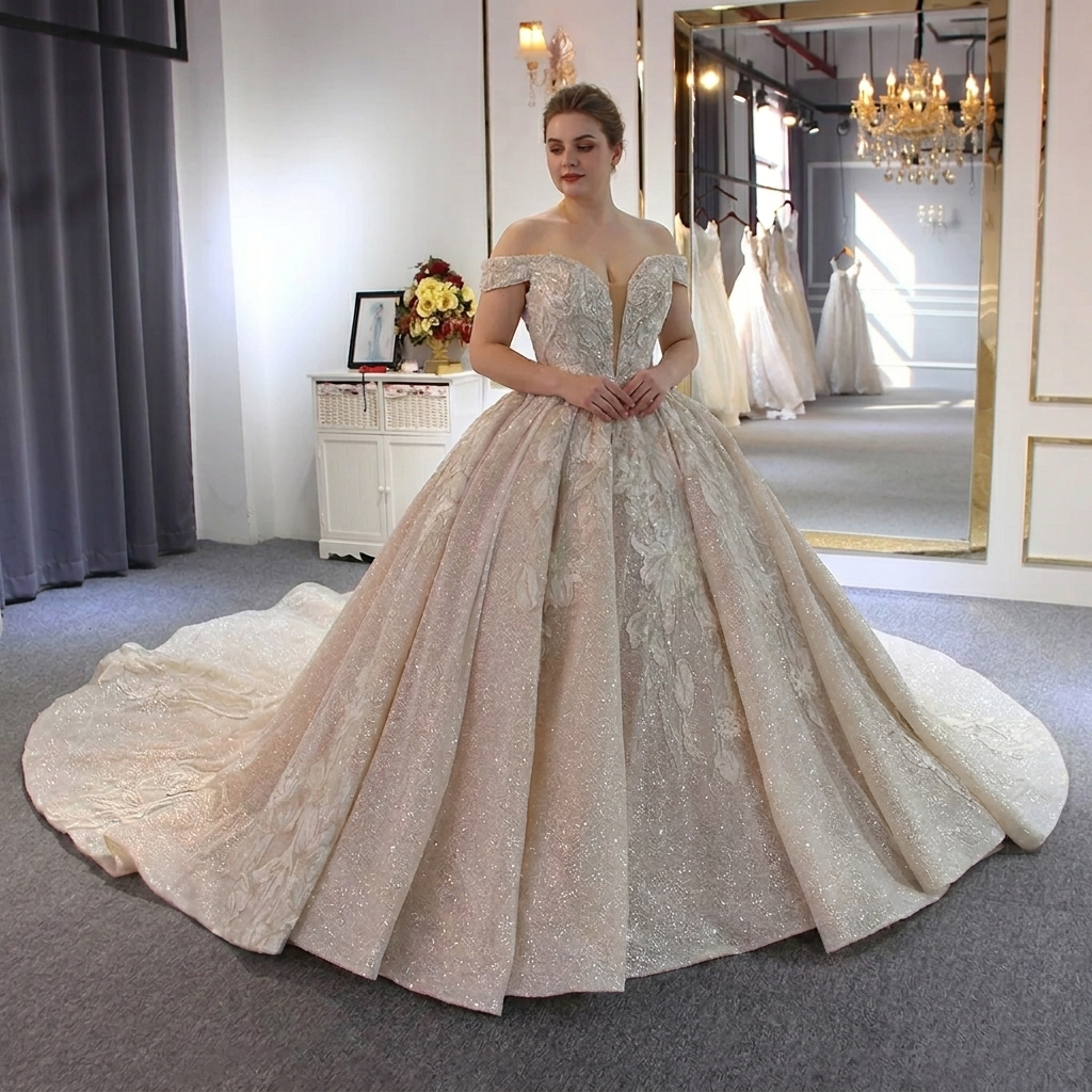 A gorgeous curvy bride modeling a luxury plus-size off-shoulder beaded wedding dress, showcasing the flattering illusion bodice, shimmering champagne ball gown skirt, and elegant long train in a bridal boutique setting.