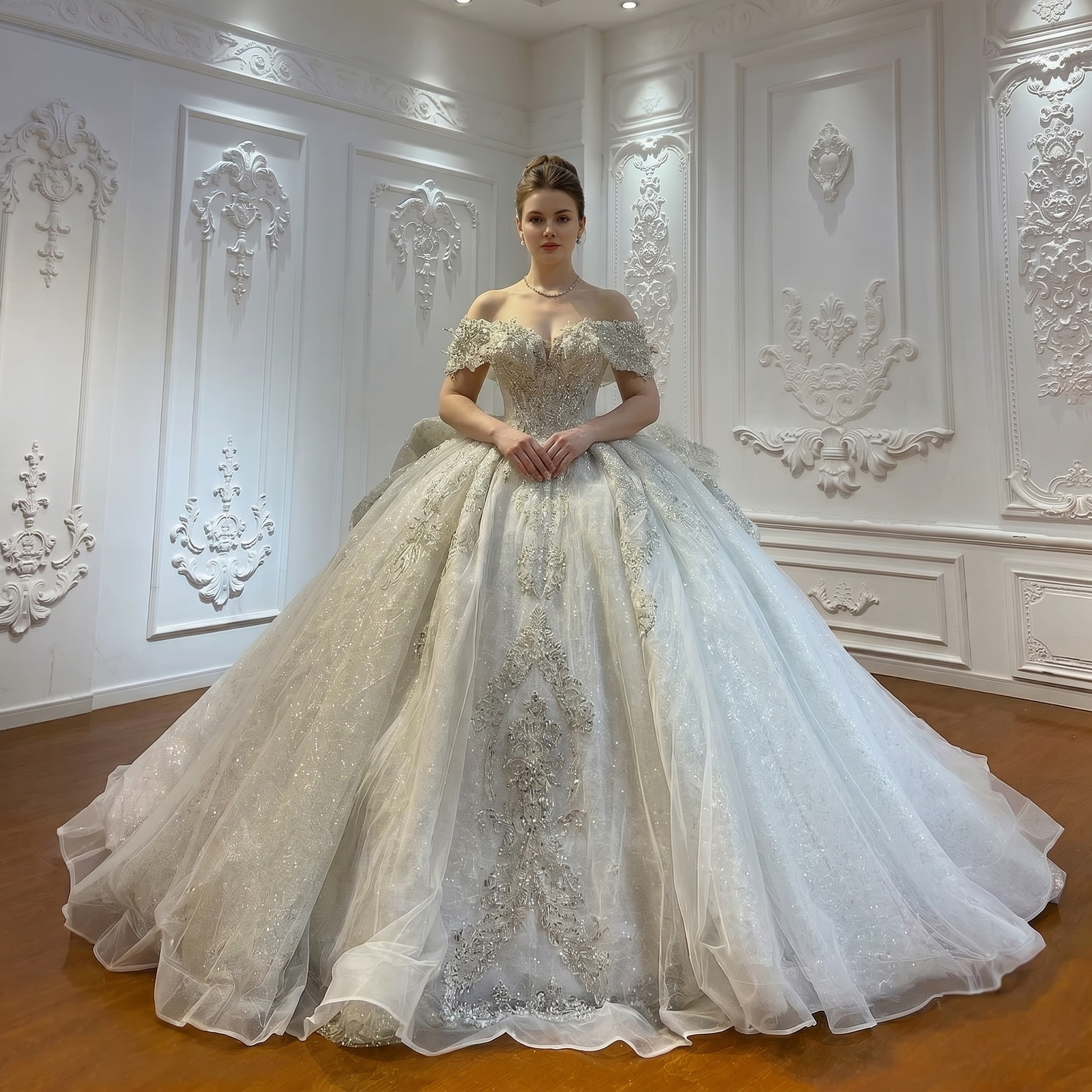 Plus-size designer wedding dress with off-shoulder beading, romantic lace sleeves, and a voluminous shimmering skirt.