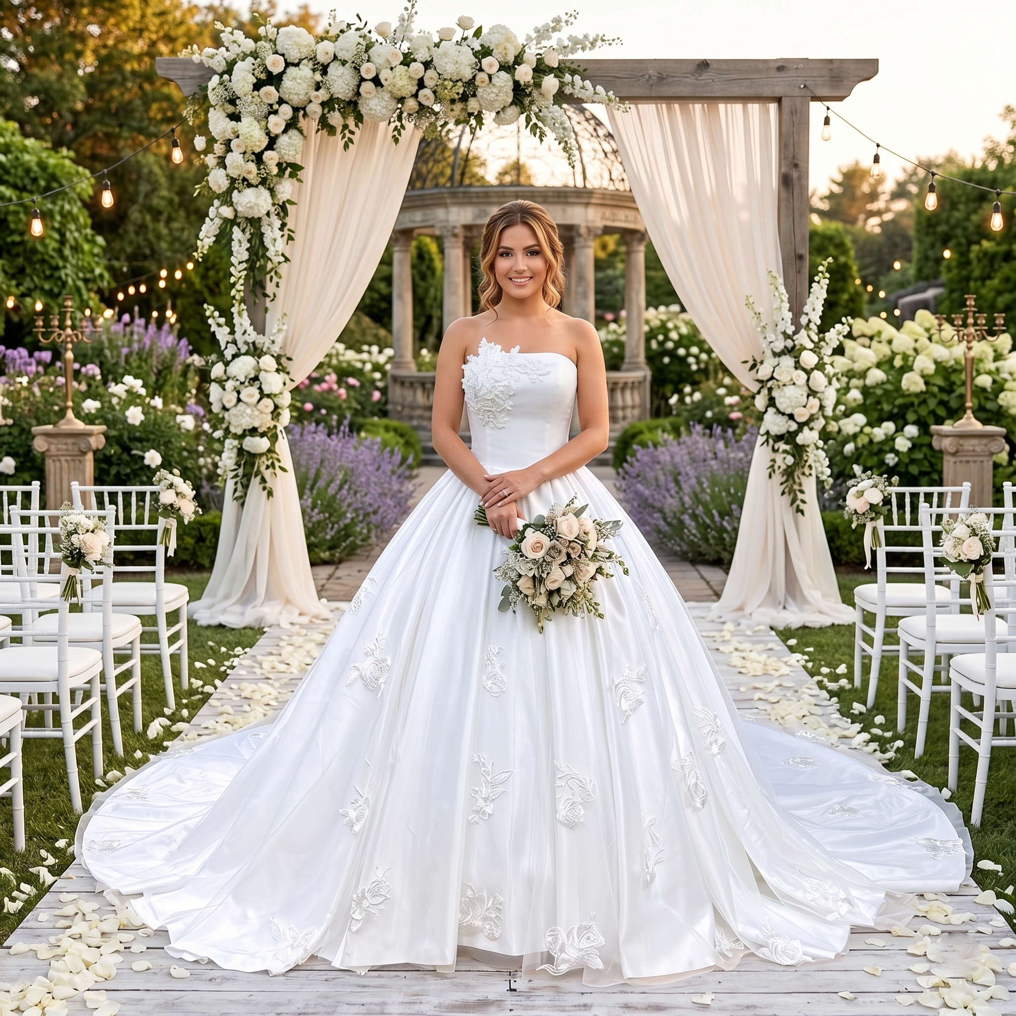 Smiling bride standing outdoors under an elegant floral arch holding a bouquet, wearing a luxury off-shoulder boat neck ball gown wedding dress made of smooth satin with delicate floral lace appliques.